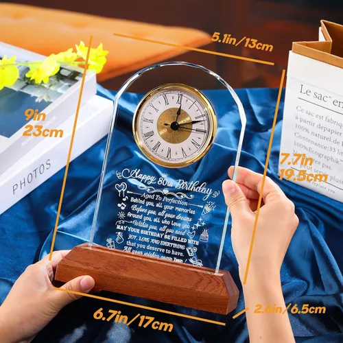 Miniatura 3 de Arikyrist Reloj de cristal de feliz cumpleaños 80 para hombres y mujeres, reloj de cuarzo con base de luz LED de madera, regalos de cumpleaños de 80