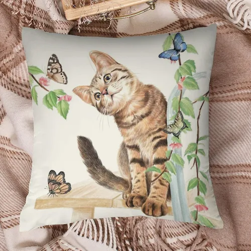 Miniatura 7 de Fundas de almohada con diseño de mariposa de gato de 20 x 20 pulgadas, bonito patrón de dibujos animados, fondo beige, para decoración del hogar