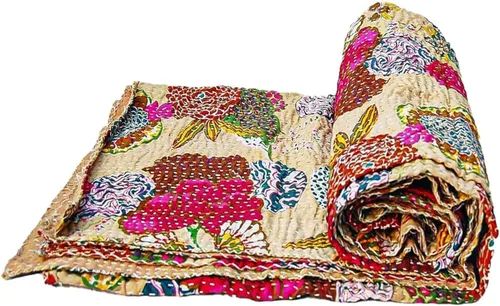 Manta Kantha de retazos bohemios, manta de cama bohemia tamaño King, colcha Kantha con estampado de frutas, funda de cama Kantha hecha a mano Beige