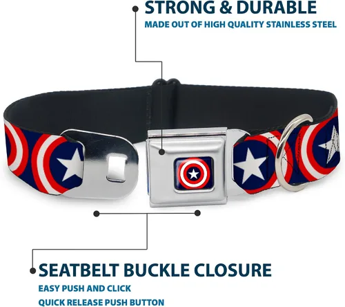 Miniatura 4 de Buckle-Down Collar de perro con hebilla de cinturón de seguridad, escudo Capitán América repetición azul marino, 1 pulgada de ancho, se adapta a