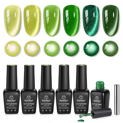 Miniatura 11 de Beetles - Juego Carnival Evergreen de 6 esmaltes de uñas de gel con purpurina, kit de 6 piezas con lámpara de remojo, aguacate, diseño de arte