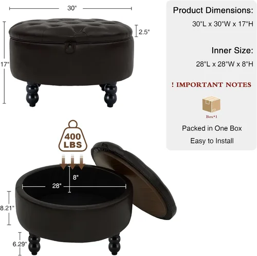 Miniatura 3 de Otomana de almacenamiento redonda de cuero PU de 30 pulgadas con bandeja, mesa de centro moderna tapizada con capitoné con almacenamiento, otomana