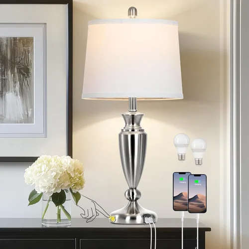 Miniatura 13 de Rinweey Lámpara de mesa negra de 27 pulgadas, lámpara de sala de estar con control táctil de 3 vías con puertos USB A+C, moderna lámpara de noche