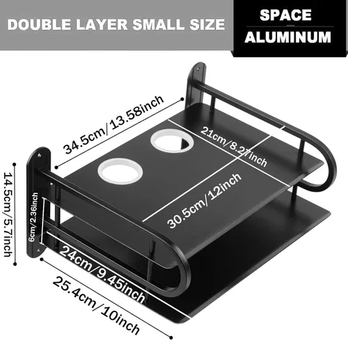 Miniatura 2 de Caja de almacenamiento con router WiFi inalámbrico doble de metal negro, estante para colgar en la pared con organizador de cables, 2 estantes
