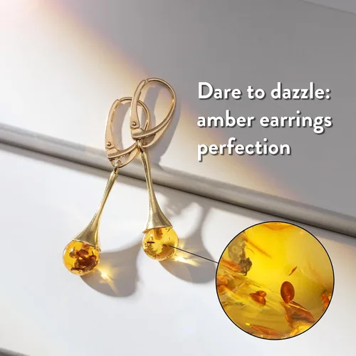 Miniatura 5 de Aretes de ámbar para mujer - Cuenta de bola con plata esterlina ag925 chapada en oro, cierre seguro con cierre de palanca en la parte trasera