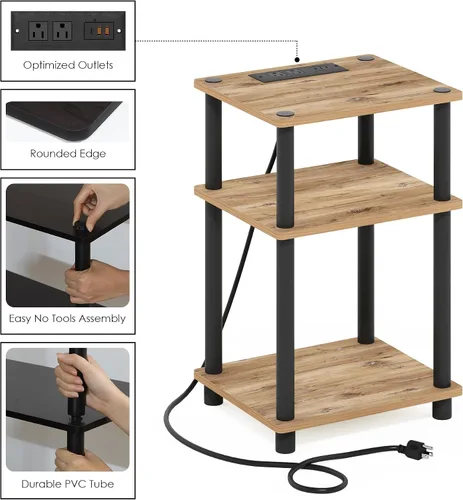 Miniatura 6 de Furinno Just Mesa auxiliar de 3 niveles con puerto de carga USB y tipo C con almacenamiento abierto, 11.42 pulgadas de ancho x 8.82 pulgadas de alto
