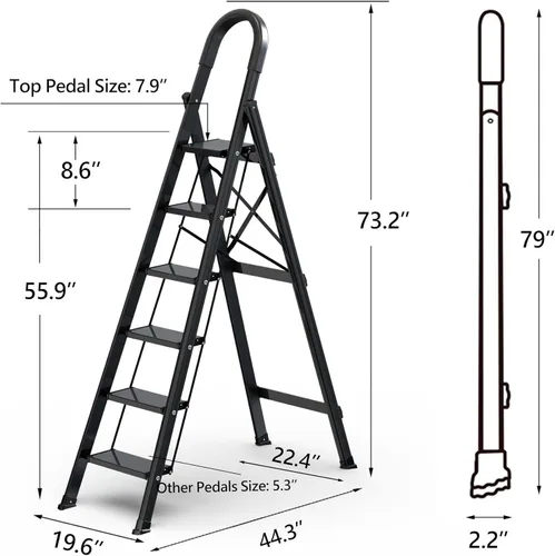 Miniatura 8 de escalera ligera de aluminio, de 6 peldaños, plegable, con peldaños anchos y antideslizante para uso en el hogar y la cocina, ahorra espacio (negro)