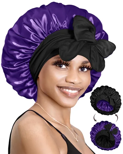 Miniatura 10 de BONNET QUEEN Gorro de seda para dormir, gorro de satén con lazo para el cabello, doble capa, para mujeres, cabello rizado, color marrón