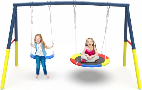 Miniatura 10 de Juego de columpios para patio trasero con soporte, columpio de metal resistente de 440 libras, soporte de columpio para exteriores, contiene 1 Azul