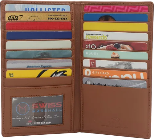 Miniatura 2 de RFID bloqueo doble cuero genuino tarjeta de crédito titular de identificación cartera larga, CN Bronceado, Bifold