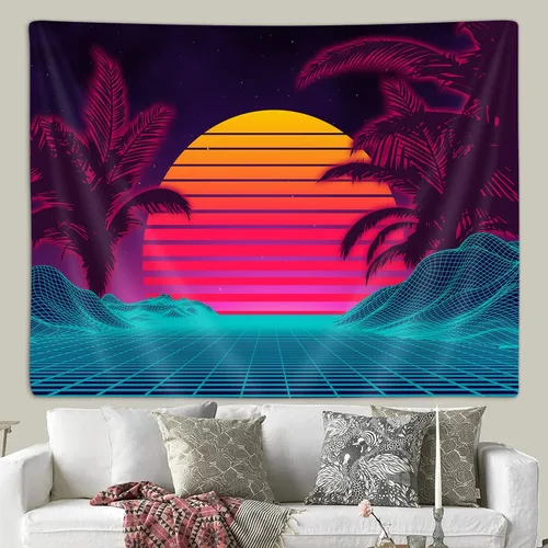 Miniatura 3 de Tapiz retro de onda de vapor de neón para el dormitorio de los hombres, tapices de arte de montaña trippy fresco para colgar en la pared