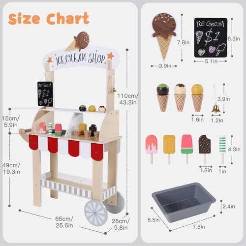 Miniatura 6 de Labebe Carrito de Helados de Madera para Niños, Camión de Helados para Niños Pequeños con Tirador, Juego de Simulación con Pizarra, Campanilla