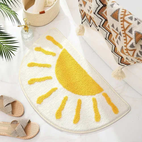 Miniatura 10 de Alfombras de baño medio círculo, lindas alfombras de baño bohemias de color blanco y amarillo, antideslizantes, suaves y absorbentes, de microfibra