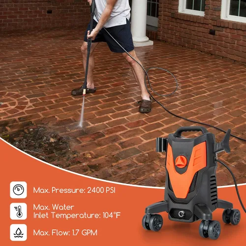 Miniatura 4 de Goplus Lavadora a presión eléctrica, 2400 PSI 1.7 GPM Lavadora de alta presión con 4 boquillas rápidas y ruedas universales, lavadora a presión