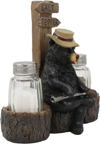 Miniatura 5 de Ebros Gift Rústico Oso de Papá Negro Occidental con escopeta sentado en el cruce de árboles Banco de troncos de sal y pimentero, Figura de soporte