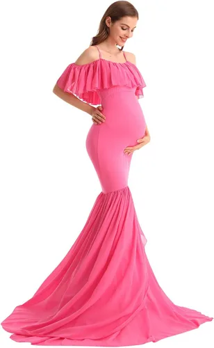 Miniatura 11 de MYRISAM Vestido de maternidad con volantes y hombros descubiertos para mujer, vestido de fiesta de sirena de gasa, vestido ajustado