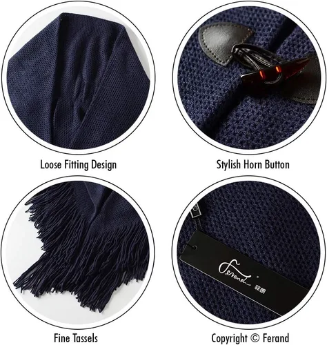 Miniatura 4 de Ferand Poncho de ajuste holgado para mujer con elegantes botones de cuerno, cuello en V y dobladillo en V