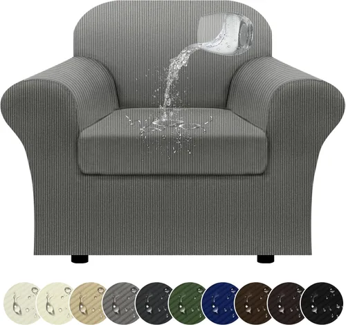 Miniatura 90 de Funda impermeable para silla con brazos, juego de 2 piezas, funda a rayas para 1 sofá separado con cojín en T, fundas de sillón de tela