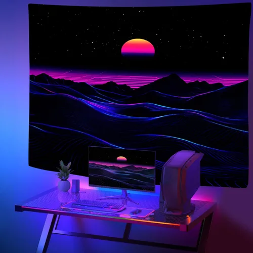 Miniatura 2 de Zpryzmia Blacklight Retro Synthwave Tapestry - Glow in the Dark Abstract Sun Lines Mountain Tapestries Neon Punk Upright Posters Wall Hanging Room