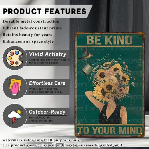 Miniatura 2 de Letreros de hojalata vintage con texto en inglés «Be Kind to Your Mind», letrero de colibrí, hippie, bohemio, arte de pared para mujeres, hogar