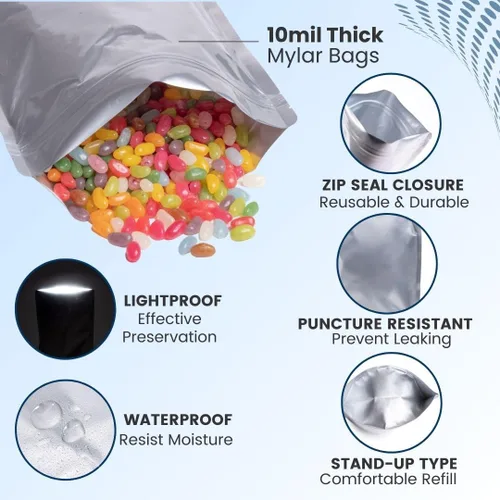Miniatura 5 de 50 bolsas de Mylar de cuarto de galón para almacenamiento de alimentos, bolsas de Mylar de 0.394 in de grosor, 7 x 10 pulgadas, con absorbentes
