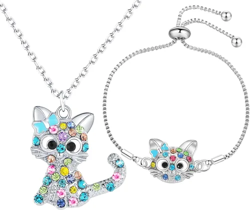 Precioso juego de joyas de gato con diamantes de imitación arcoíris para niñas, collar con colgante para niña, pulsera para niña, regalo de joyería