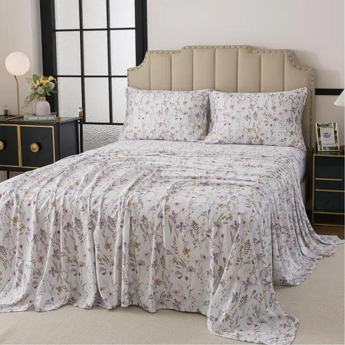 Miniatura 29 de FADFAY Juego de sábanas de cama con estampado floral amarillo, de algodón, tamaño King, suaves, transpirables, estilo Shabby Coquette, con bolsillo
