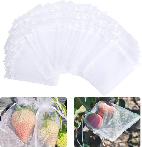 100 bolsas de malla de frutas de organza de 6 x 8 pulgadas, bolsas de protección de frutas con cordón, bolsa de barrera de red para plantas de Blanco