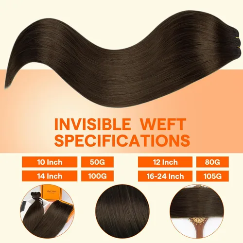 Miniatura 3 de Full Shine Extensiones de cabello humano, 18 pulgadas, mechones de trama, color #2 castaño oscuro, 3.5 onzas, cabello Remy para coser, doble trama