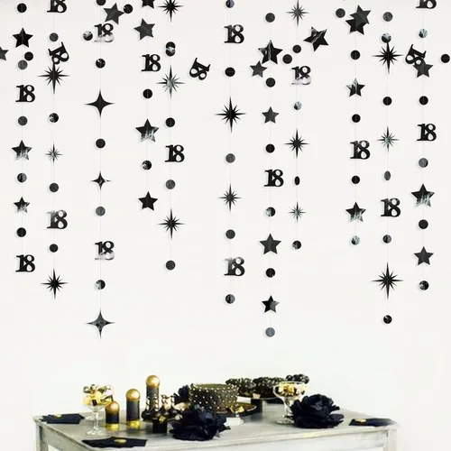 Miniatura 5 de Decoración de cumpleaños número 18 en negro, número 18 con punto circular, guirnalda de estrellas centelleantes, banderines de serpentina metálica