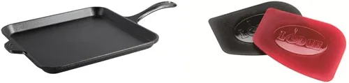 Miniatura 7 de Lodge Plancha cuadrada de hierro fundido de 11 pulgadas y soporte de mango caliente de silicona, mango de silicona protector contra el calor rojo