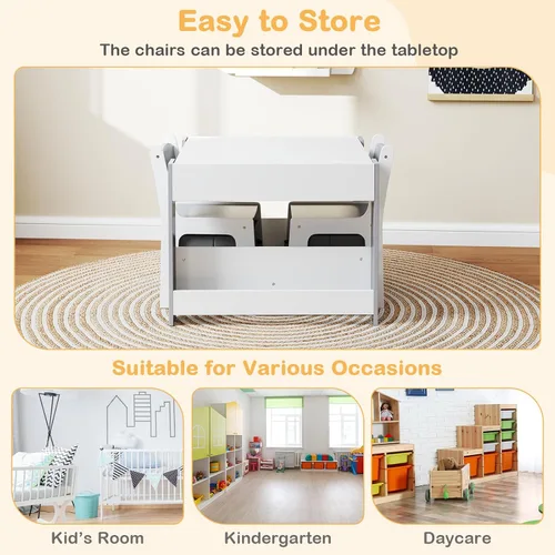 Miniatura 7 de HONEY JOY Mesa y sillas para niños, juego de actividades de madera 4 en 1 para niños con libreros dobles, almacenamiento, tablero desmontable