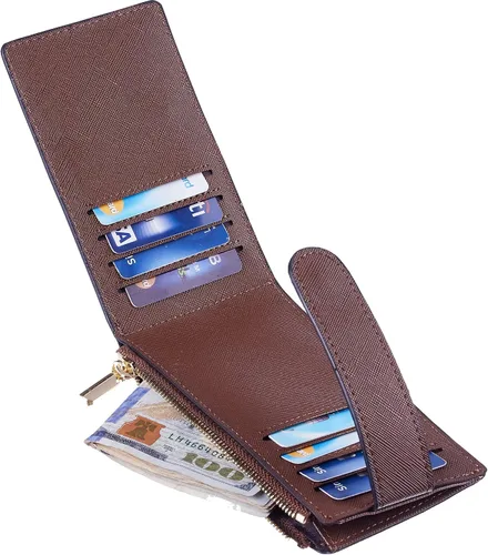 Miniatura 7 de Chelmon Billetera delgada para mujer, con bloqueo RFID, plegable, con bolsillo con cremallera, Marrón intenso, Minimalista