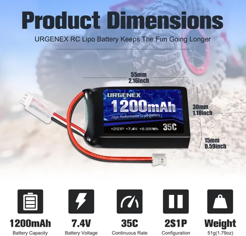 Miniatura 2 de SCX24 Batería 7.4V Lipos 2S 35C (Ráfaga 70C) 1200mAh Batería de Litio Recargable con Enchufe PH2.0 Compatible con la mayoría de coches RC y camiones