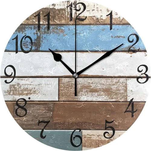 Reloj de pared rústico retro con puerta de granero de madera, marrón, azul, funciona con pilas, silencioso, sin tictac, 10 pulgadas, reloj de mesa