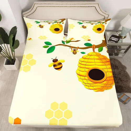 Miniatura 12 de Sábana bajera ajustable de abeja amarilla tamaño individual, sábanas de abeja de dibujos animados kawaii para niños y niñas, juego de ropa de cama