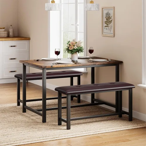 Miniatura 3 de IDEALHOUSE Juego de mesa de comedor de 3 piezas, mesa de cocina y bancos para 4, juego de mesa de comedor rectangular con 2 bancos tapizados, juego