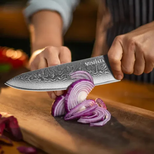 Miniatura 4 de MOSFiATA Juego de cuchillos de chef profesional de Damasco, 3 piezas, cuchillo de chef de 8 pulgadas, cuchillo Santoku de 7 pulgadas y cuchillo