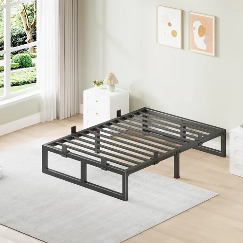 Marco de cama individual de plataforma de metal de 10 pulgadas con diseño de ranura en U sin chirridos, 6 protectores antideslizantes, soporte de