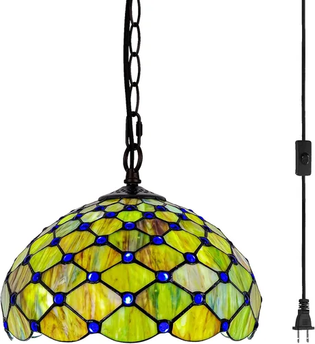 Miniatura 12 de Lámpara Colgante de Vidrio Emplomado Estilo Tiffany con Enchufe, 12" de Ancho Diseño de Glicinia Lámpara Colgante, Cadena de 60 Pulgadas Cable de 15