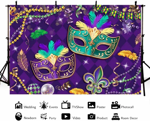 Miniatura 2 de MEHOFOND Telón de fondo de Mardi Gras de 7 x 5 pies, para baile de graduación, carnaval, fiesta, fotografía, fondo morado, verde, dorado, cuentas