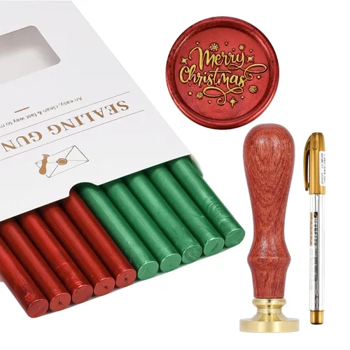 Miniatura 2 de Kit de Sellado de Cera Yoption, Sello de Cera de Navidad Feliz, 10 unidades de varillas de cera de sellado metálicas rojas y verdes con bolígrafo