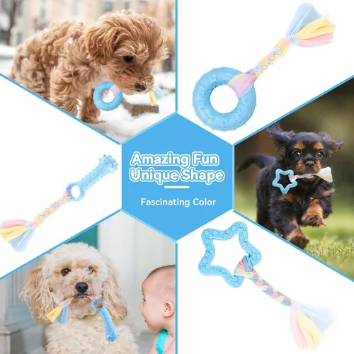 Miniatura 5 de Petcare Paquete de 6 juguetes para masticar para cachorros - Cuerda de goma azul suave y hueso redondo para dentición para perros pequeños