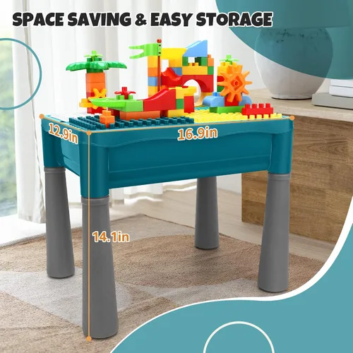 Miniatura 6 de Mesa de actividades para niños de doble cara con almacenamiento, mesa multiactividad todo en uno, 105 piezas de bloques de construcción con pista