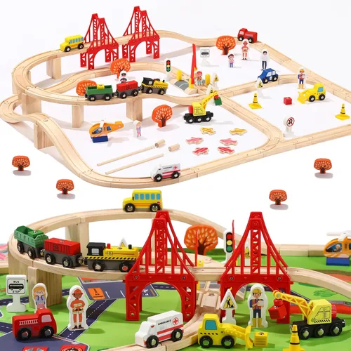 Miniatura 8 de Juego de 100 pistas de tren de madera, tren de juguete con pistas para niños de 3 a 10 años, compatible con las principales marcas, juego