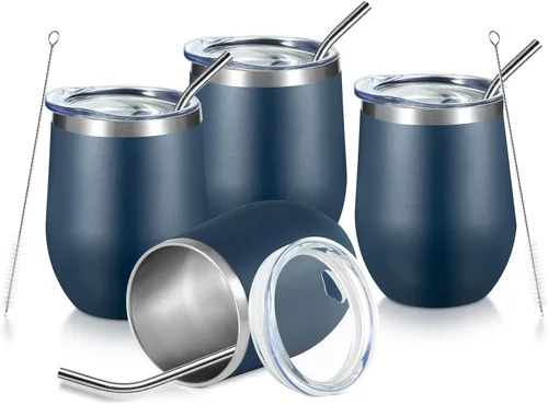 Miniatura 14 de COMOOO Vaso de vino aislado de 12 onzas con tapa, vaso de vino de acero inoxidable sin tallo, vaso de vino de doble pared al vacío con pajita, café