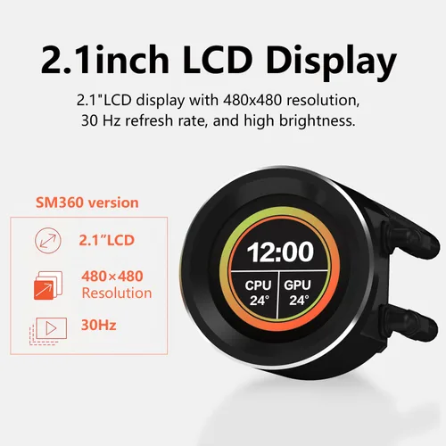 Miniatura 7 de SAMA SM360 Negro Enfriador de Líquido Ajustable con Pantalla LCD, Ventilador Silencioso ARGB PWM Dirigido de 3 x 120 mm, Radiador AIO de 360 mm