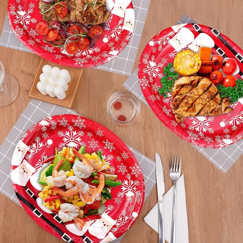 Miniatura 6 de 50 platos de papel ovalados de Navidad, platos desechables grandes de 10 x 12.5 pulgadas para decoración de mesa de vajilla de Navidad Rojo