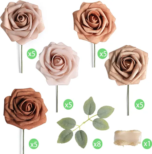 Miniatura 2 de rongflower Flores artificiales de aspecto real, color rosa polvoriento, rosas falsas de espuma con tallos, 25 piezas para bricolaje, bodas, Rosa