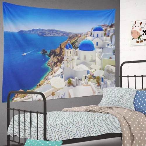 Miniatura 4 de ASOCO Tapiz de Santorini para colgar en la pared, hermoso pueblo, isla Santorini, isla Santorini, hito de la naturaleza y Europa, tapiz de pared